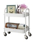 Durable 2 Tier Metal Rolling Cart With Handle And Locking Wheels White Go-To Kitchen Bathroom Laundry Office Storage Organizer On Wheels