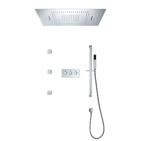 Next Level RGB LED Shower System With 80X60 Cm Rain Head And Flexible Handheld Wand, Concealed Four Way Diverter Faucet Set, Chrome Rock Solid Brass Combo With BodyJets And Tub Spout For A Smooth Spa Upgrade