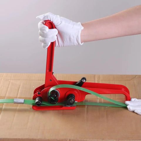 Heavy Duty Green Pet Strap Roll With Zero Hassle Tensioner And Peel Seals, hands using red tensioner on green strap