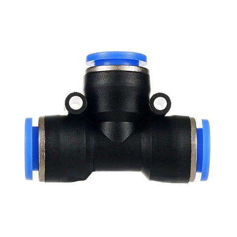 Front view of Push To Connect Reducing Tee For Air Tubing 8mm By 6mm By 8mm OD Poly Nylon Quick Connect Fitting Reusable T Fitting Built For Durable Repeated Use 0 To 150 PSI Center One Quarter Inch Right Five Sixteenth Inch
