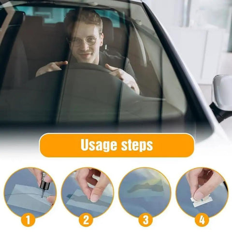 Man applying 2025 Upgrade Windshield Crack Repair Kit Liquid for chips and cracks with step-by-step instructions shown.