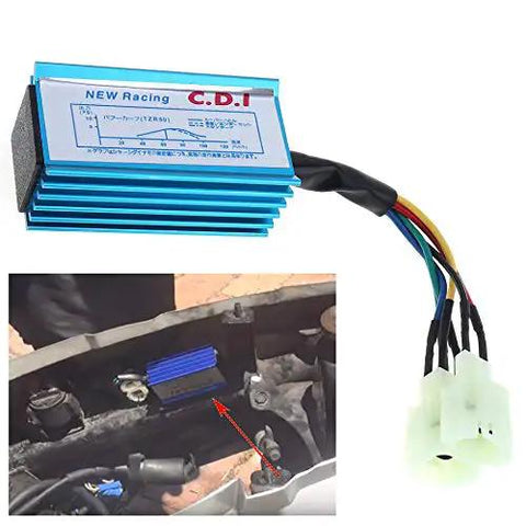 GY6 Ignition Coil Kit With 6 Pin AC CDI Box And 3 Electrode Spark Plugs For 50cc To 150cc Mopeds Scooters ATVs Go Karts Beefed Up Spark Upgrade For Rugged Street Use, showing installed CDI box.