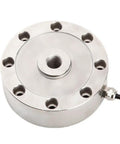 Tension And Compression Pancake Load Cell For Built Tough Testing, 500 Kg To 10 Ton Range, Spoke Type, High Precision Strain Gauge Sensor With Low Profile Design, Anti Eccentric Load, Five Hundredths Of A Percent Accuracy, round metal load cell with central threaded hole and cable