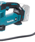 Cordless 18V Li Ion Inflator With Digital Backlit Gauge and LED Work Light, black and teal, hose and adapter visible