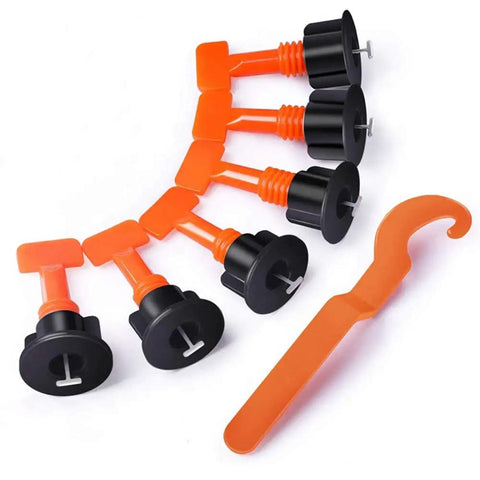 Tile Leveling System 200pc Pack Reusable Tile Levelers And Spacers For Walls And Floors With Handy Wrench, orange and black components