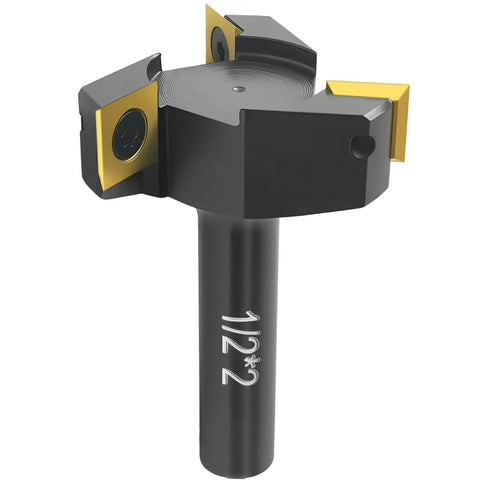 Beefy 1/2 Inch Shank Slab Flattening Router Bit With 2 Inch Cutting Diameter And 3-Wing Coated Carbide Inserts for CNC Surfacing.