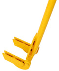 Yellow 43 Inch Pallet Breaker Tool With Articulating Pivot Head For Easy Pallet Disassembly, Deck Wrecker Pry Bar And Deck Board Removal, No Wood Splitting, Ideal For Garage, Workshop Or Warehouse Projects. Yellow steel pallet breaker tool with pivot head
