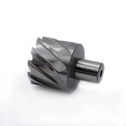 Side view of OSCARBIDE annular cutter with Weldon shank, 1-3/4 in diameter, 1 in depth.