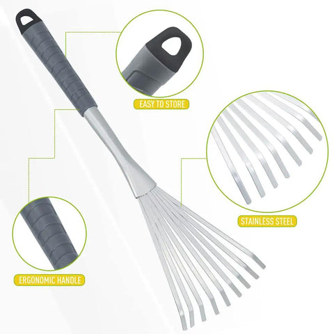 Adjustable 17 To 63 Inch Thatch Rake With 24 Steel Tines, ergonomic handle, wide head for lawn and garden cleanup.