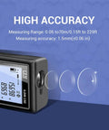 Rock Solid Bluetooth Laser Distance Measurer With 229 Foot Range And IP54 Weather Defense, showing high accuracy and range display.