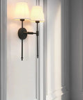 Classic Rustic Double Wall Sconce Lighting Fixture With Flared White Textile Shade And Black Long Arm For Bedroom Bathroom And Hallway, Dope 2 Light Wall Light, E26 LED Compatible, Dimmable