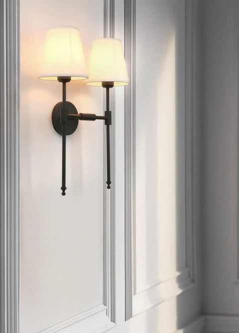 Classic Rustic Double Wall Sconce Lighting Fixture With Flared White Textile Shade And Black Long Arm For Bedroom Bathroom And Hallway, Dope 2 Light Wall Light, E26 LED Compatible, Dimmable