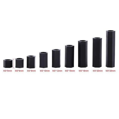 Order 100 M3 Female To Female Hex Nylon Standoff Spacers Black Pillars showing size variations from 5mm to 25mm.