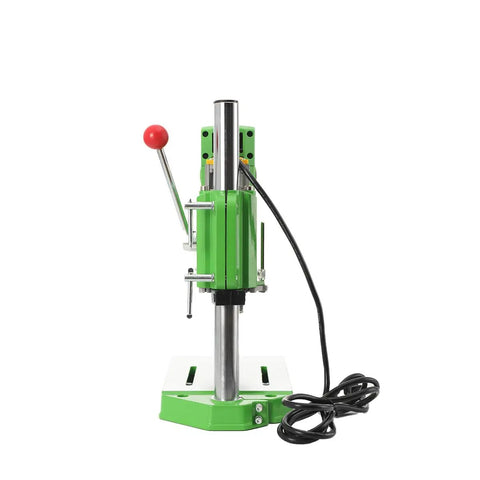 Front view of Heavy Duty 710W Bench Drill Stand For Hand Drill, green metal frame with red lever, for precise speed control.