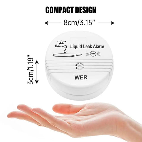 Compact Two-Pack Battery Operated Water Leak Alarm Sensor With 90dB Alarm, shown on a hand for size comparison.