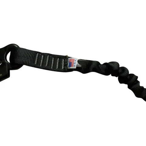 Close-up of black Shock Absorbing Lanyard Snap Hook With Frog Snap Hook, 5,000 LBS Rated Safety Lanyard For Mountaineering, 48 inch length.