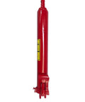 Red 8-ton hydraulic long-ram jack with clevis base and manual handle