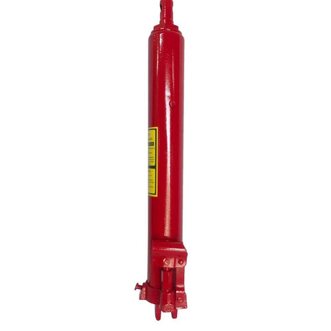 Red 8-ton hydraulic long-ram jack with clevis base and manual handle