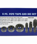 Box of six piece NPT pipe tap and die set with high carbon alloy steel taps and dies for home garage and industrial use.