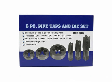 Box of six piece NPT pipe tap and die set with high carbon alloy steel taps and dies for home garage and industrial use.