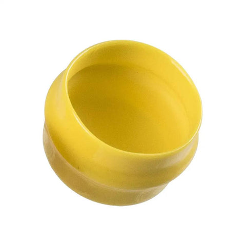 Four Pack OEM Cap M143338 For Tractors And UTVs, yellow plastic replacement cap for John Deere models, top view.
