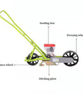 Diagram of Top Notch Precision Garden Seeder And Row Planter showing seeding box, balance wheel, and pressing wheel
