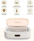 Ultra Portable Vibration Jewelry Cleaner Machine Packs Hella Crisp Sonic Scrubbing For Spotless Glasses Watches And Slick Daily Carry Using 45kHz Water Waves with stainless steel tank and buttons.
