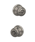F40 GEO 619 Georgian Door Knob With Bed And Bath Privacy Lock Satin Nickel Finish, easy push button inside, emergency pin key visible.