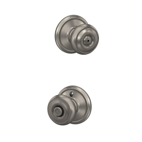 F40 GEO 619 Georgian Door Knob With Bed And Bath Privacy Lock Satin Nickel Finish, easy push button inside, emergency pin key visible.
