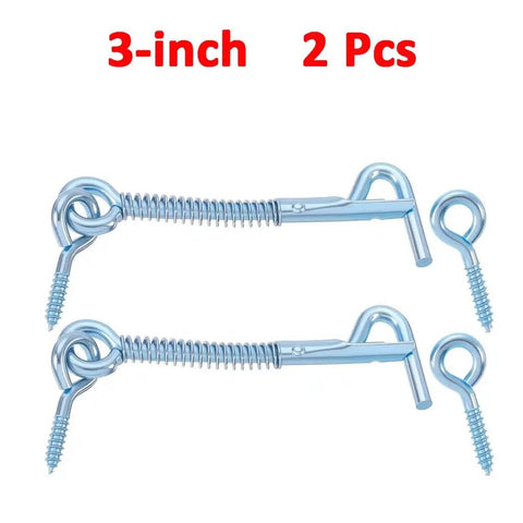 Tank Tough Zinc Plated Hook And Eye Latch With Snap Shut Spring Lock For Secure Shed Gate And Cabinet Doors Weather Resistant Steel Safety Catch 4 Pack, 3-inch, 2 pieces.