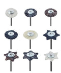 10 Piece Set Of Purple HP Shank Rotary Buffing Wheels 2.35mm arranged in a grid, designed for jewelry and dental lab polishing.