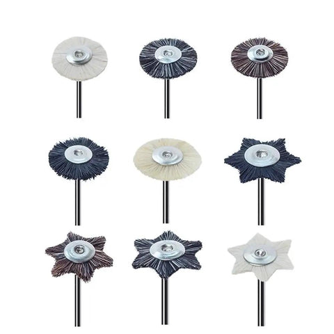 10 Piece Set Of Purple HP Shank Rotary Buffing Wheels 2.35mm arranged in a grid, designed for jewelry and dental lab polishing.