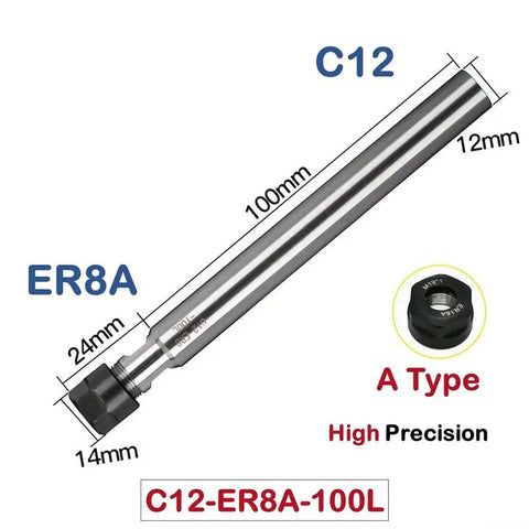 Top Tier ER Collet Chuck Extension Rod With Straight Shank For CNC Milling Made From Hardened Alloy Steel 40CrMnTi 100mm long ER8A