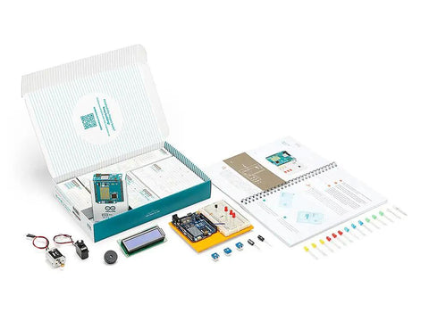 R4 Uno Starter Kit for Electronics and Coding With Uno R4 WiFi Board 13 Hands On Projects in a Printed Book Plus Growing Online Resources and Official Certification Voucher components displayed.