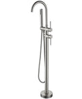 Floor Mounted Freestanding Tub Filler Faucet With Handheld Shower In Brushed Nickel Finish Stainless Steel