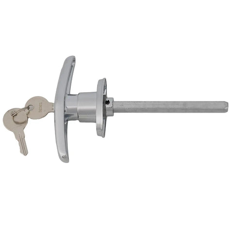 Side view of Zinc Alloy T Handle Lock With Rear Fix, Keyed Differ For Caravan RV Trailer Shed And Campervan, Silver, with keys
