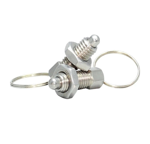 Hardcore 5 Piece Stainless Steel Spring Plunger Locating Pin Kit With Tactile Ring Knob For Slick Mechanical Alignment And Reliable Indexing Operations Pro Grade, showcasing stainless steel pins with rings.