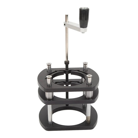 Router Lift Base For Small Trimming Machines - Rock Solid 4 Jaw Clamping, Aluminum Alloy And Stainless Steel Build, Woodworking Table Insert Plate With Crank Handle Adjustment, Fits 64-66mm Routers, front view