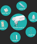 Components of Heavy Duty Ceiling Curtain Track System including curtain tracks, rollers, hooks, screws, end caps, and joiners.