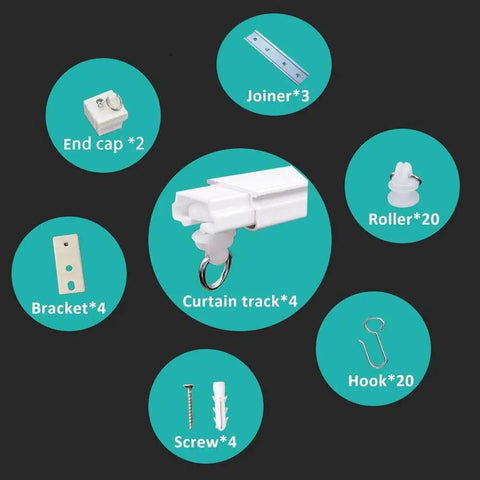 Components of Heavy Duty Ceiling Curtain Track System including curtain tracks, rollers, hooks, screws, end caps, and joiners.