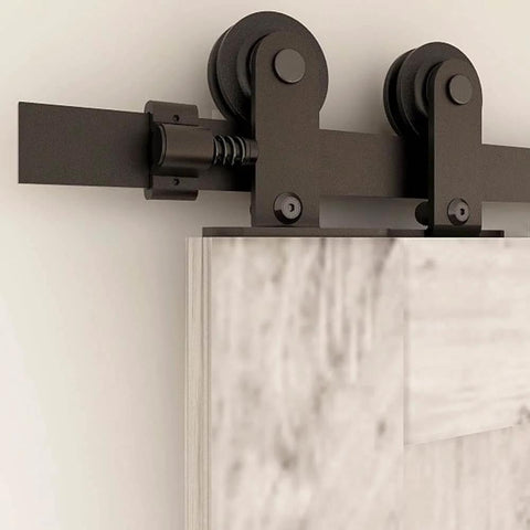 Close-up of heavy duty steel 5.5 Foot Bypass Barn Door Hardware Kit For 33 Inch Double Doors with nylon rollers and T shape hangers.