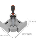 Heavy Duty Right Angle Clamp For Woodworking And Precision Welding With Badass Aluminum Build No Sweat Single Handle Design For Hella Tough 90 Degree Corners Every Time, showing dimensions and stainless steel hardware.