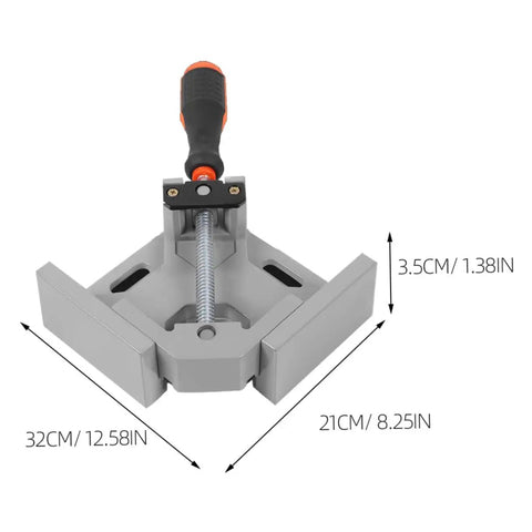 Heavy Duty Right Angle Clamp For Woodworking And Precision Welding With Badass Aluminum Build No Sweat Single Handle Design For Hella Tough 90 Degree Corners Every Time, showing dimensions and stainless steel hardware.