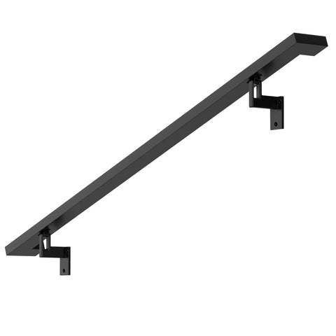 Heavy Duty Aluminum Stair Railing DIY Kit With Sweet Matte Black Coating And No Sweat Adjustable Wall Mount Brackets For Effortless Indoors Or Outdoors Upgrades Spanning Six Feet, black railing with mount bracket.