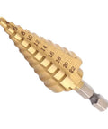 Step Drill Bit Set 4 To 22mm HSS Titanium Coated With Quick Change Cone And 1 Quarter Inch Hex Shank For Metal Plastic Wood