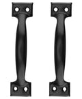 Pair of black cast iron handles, 6 inches each from 30 Pack Heavy Duty Black 6 Inch Cast Iron Gate Handle Set For Outdoor Fence Garage And Interior Doors Long Metal Gate Pull Handles Easy Install With Screws Tough As Nails Gate Hardware.