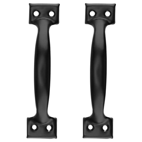 Pair of black cast iron handles, 6 inches each from 30 Pack Heavy Duty Black 6 Inch Cast Iron Gate Handle Set For Outdoor Fence Garage And Interior Doors Long Metal Gate Pull Handles Easy Install With Screws Tough As Nails Gate Hardware.