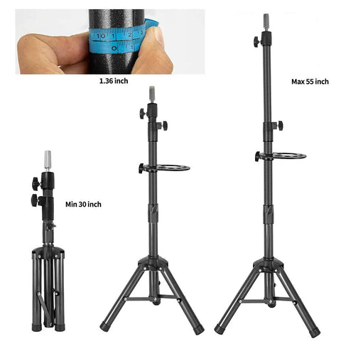55 Inch Heavy Duty Wig Head Stand With Pro Grade Adjustable Metal Tripod For Hairdressing Training Rotatable Head Built In Tool Tray Durable Black Wig Stand Tripod Mannequin Head Not Included showing adjustable height