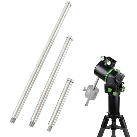 Three stainless steel telescope counter weight balance rods next to equatorial mount; available in 164mm, 314mm, 470mm lengths with M12, M16 threads