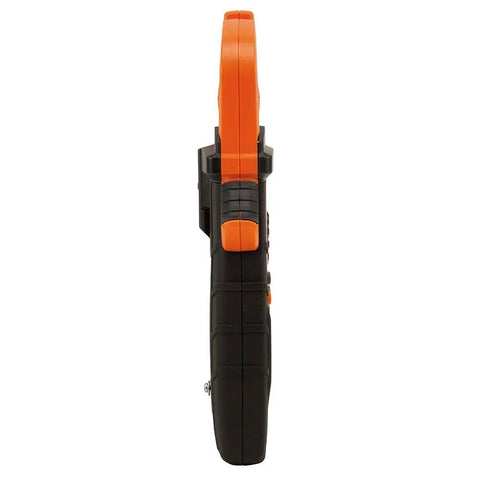 Side view of Auto Ranging Digital Clamp Meter TRMS 600A For AC DC Voltage Current LoZ Mode Continuity Frequency NCVT Temperature.